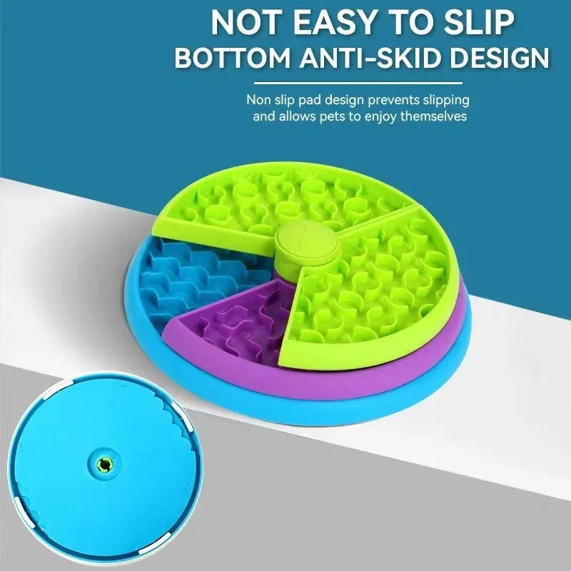 Three-tier rotating slow feeder bowl for cats and dogs, made of PP plastic, 26cm wide, with non-slip base.