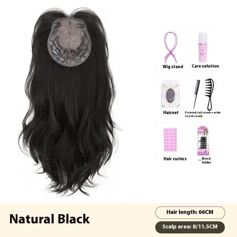 Seamless ultra-thin breathable 65cm big wave natural black wig for ladies, high-temperature fiber hair replacement