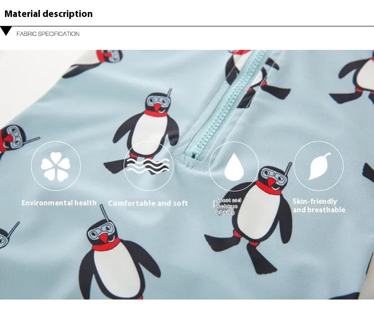 Boy's penguin print long sleeve swim shirt and matching cap set for sun protection.