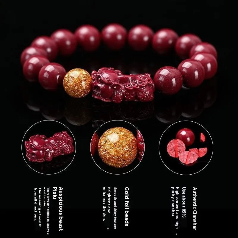 Purple gold sandstone cinnabar bracelet with polished beads and Year of Fate symbolism.