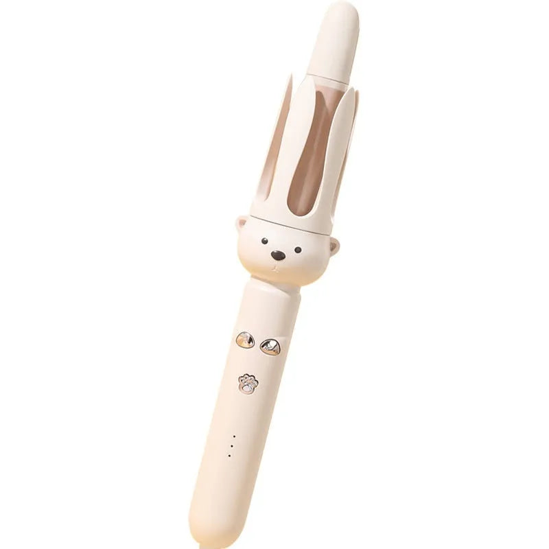 Beige anion automatic hair curler with hair stick on a white background.