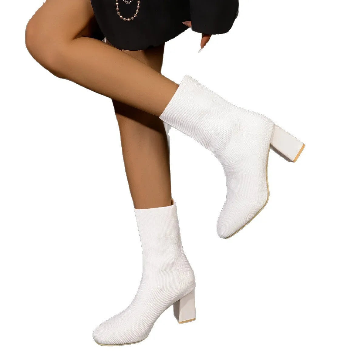 Knitted round head high heel socks boots with oversleeves in mid-calf length, rubber sole, waterproof platform, available in apricot colour