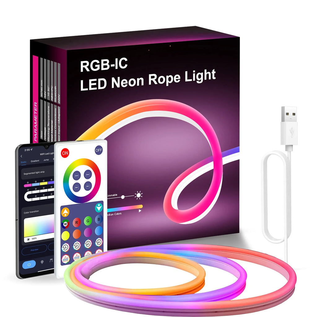 3 metre long USB RGB magic colour neon light strip with remote control on a white background.