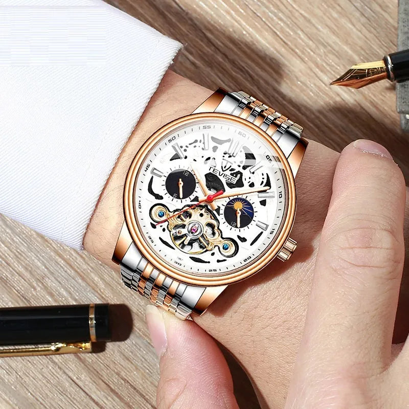 Men's waterproof mechanical watch with tourbillon and luminous dial on wrist, shown in rose black metal finish.