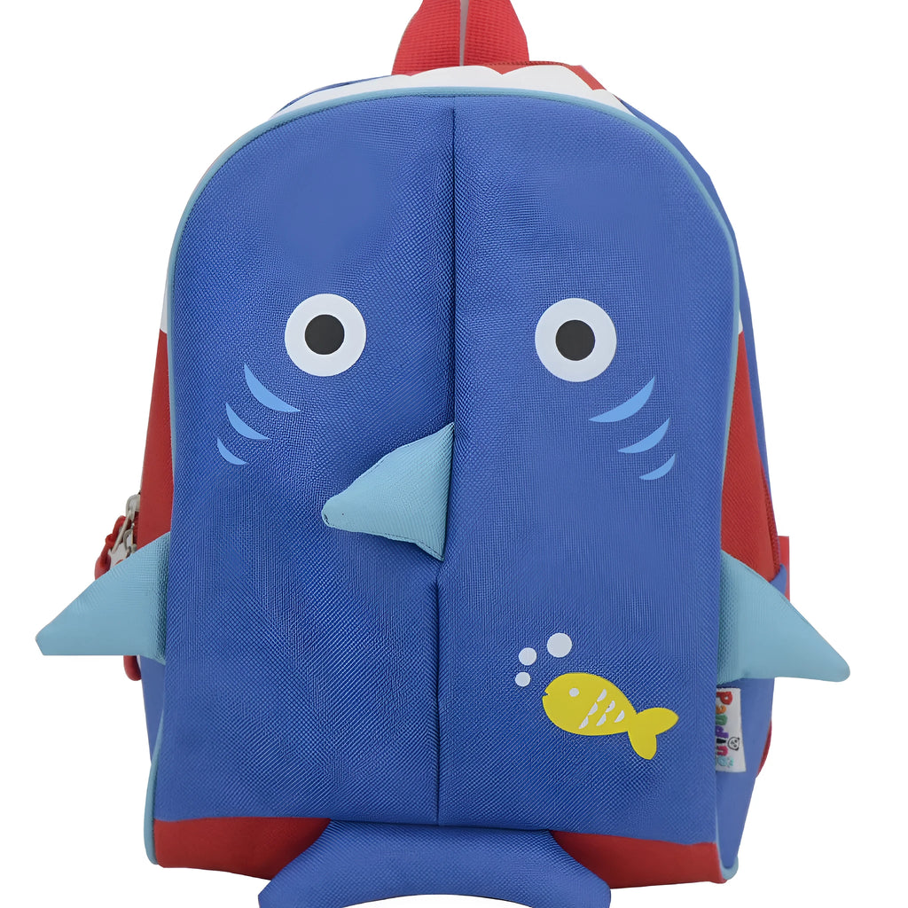 Blue children's schoolbag with animal pattern made from Oxford cloth, side view showing compact 29cm height