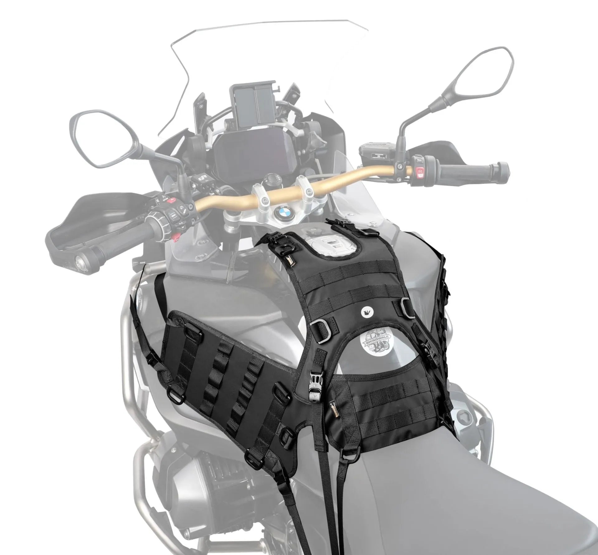 Black polyester motorcycle fuel tank mount base saddle shown flat, measuring 100cm by 40cm.