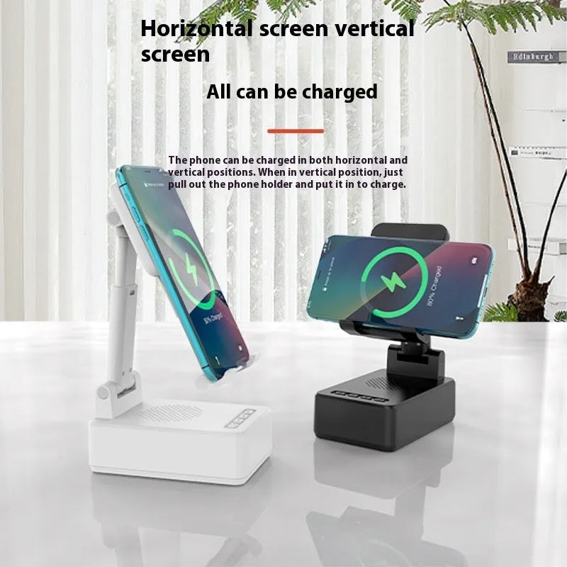 Creative three-in-one wireless charging mobile phone holder stand in black plastic, upright design, 15W or 5W models