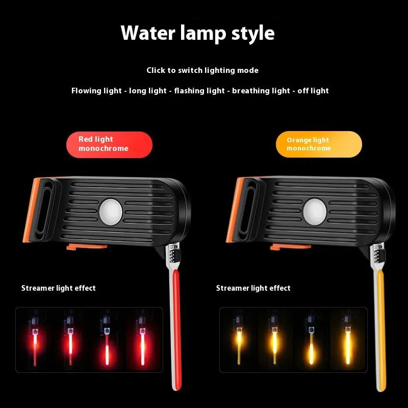 USB rechargeable bicycle taillight with flowing red light pattern, mounted on a bike