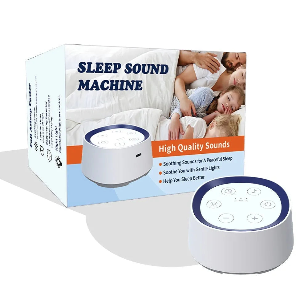 White rechargeable baby night light with 24 soothing music tracks, crying induction, and timing function.