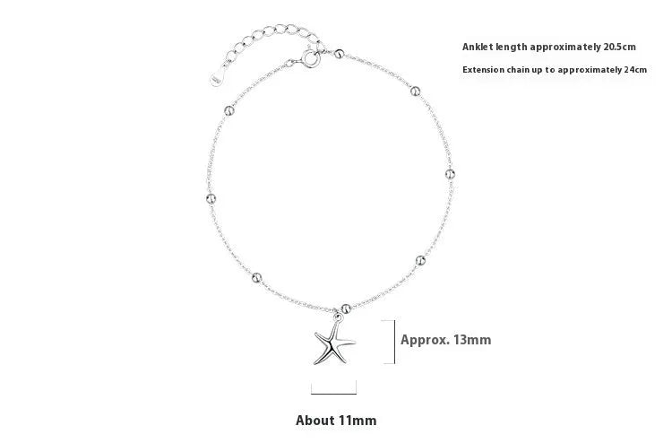 S925 sterling silver starfish charm anklet on a model's ankle, showing 18cm chain and lobster clasp.
