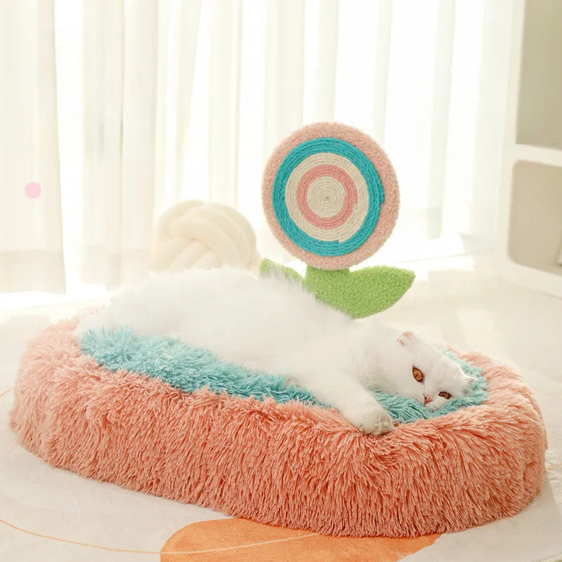 Pink elliptical lollipop design cat bed with thick plush material and removable washable cover