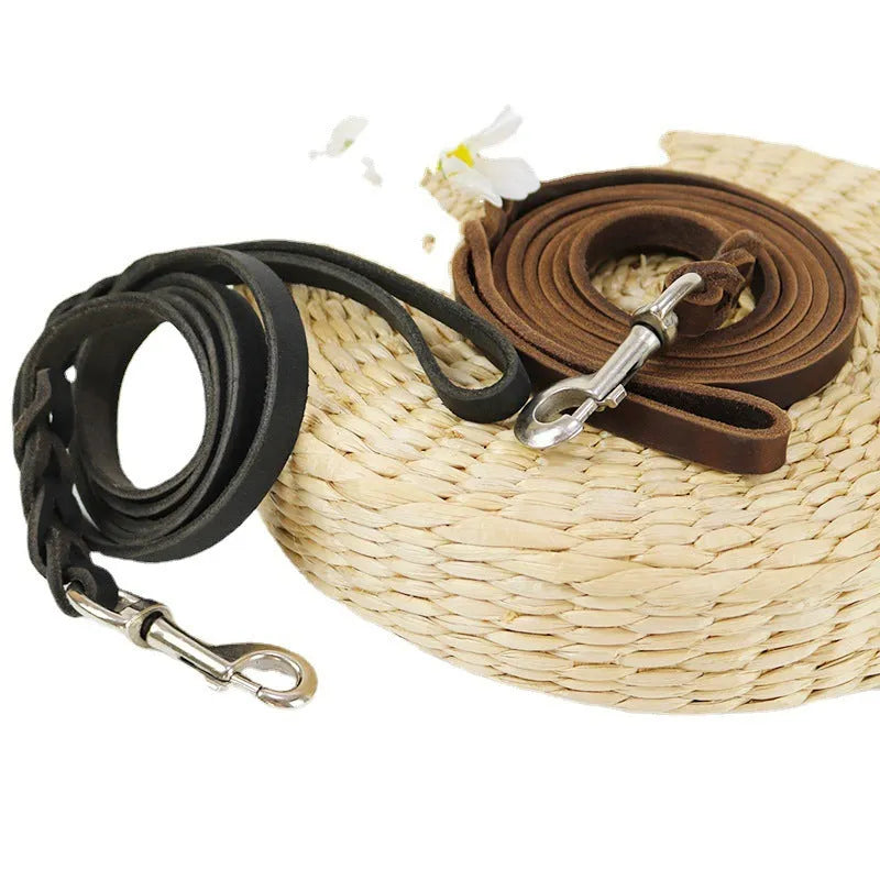 Cowhide leather dog walking rope with leather handle in light brown colour