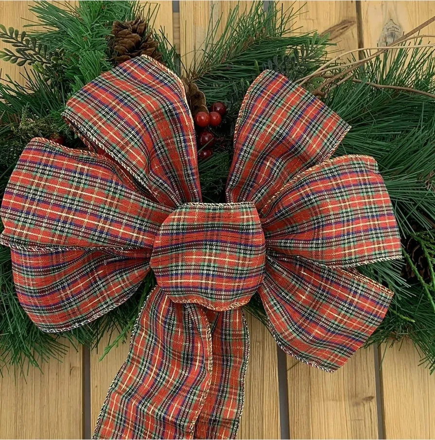 Red woolen plaid polyester velvet burlap bow for Christmas wreath decor