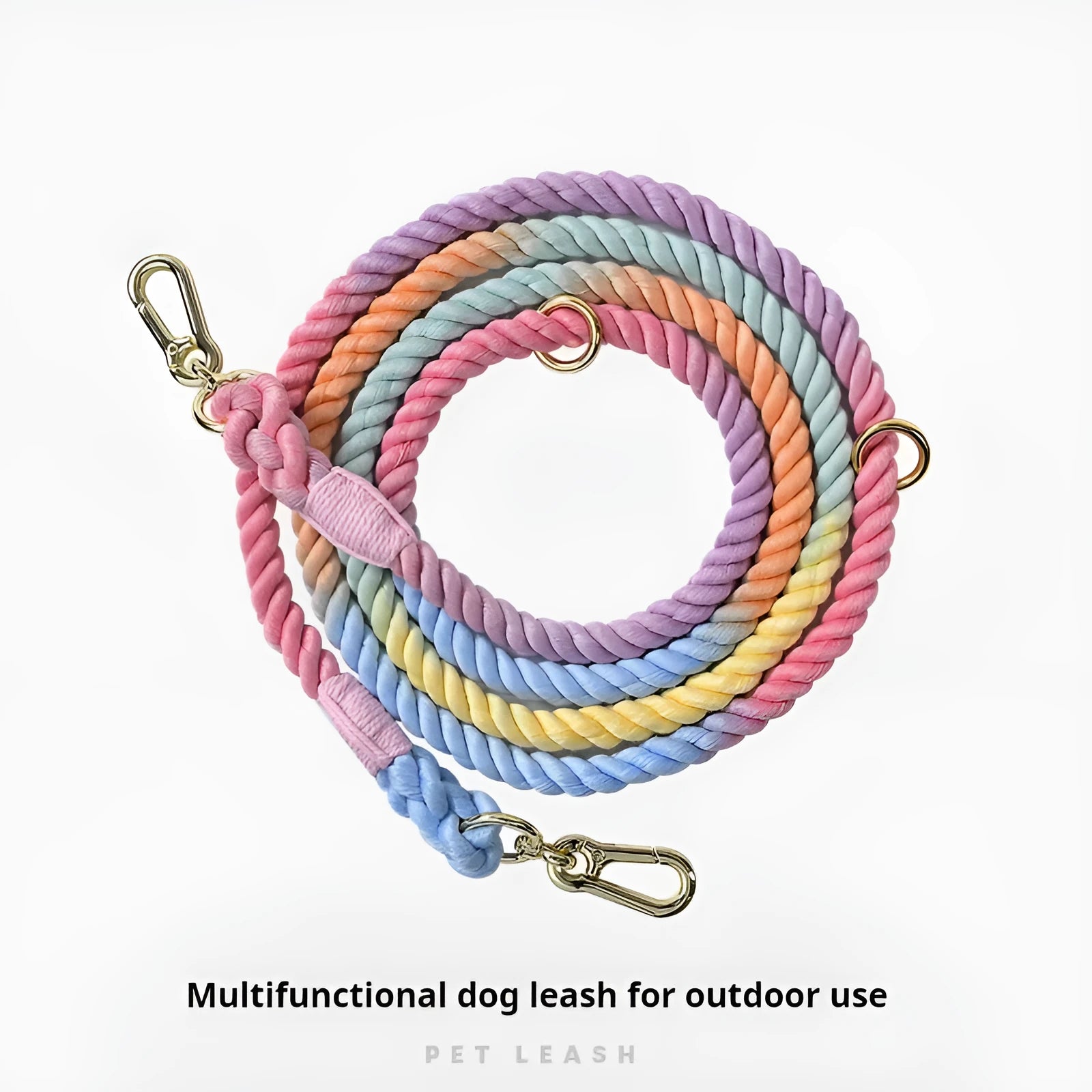 Woven rainbow colour dog leash with gold fittings, showing the double-headed rope design on a 250cm lead.