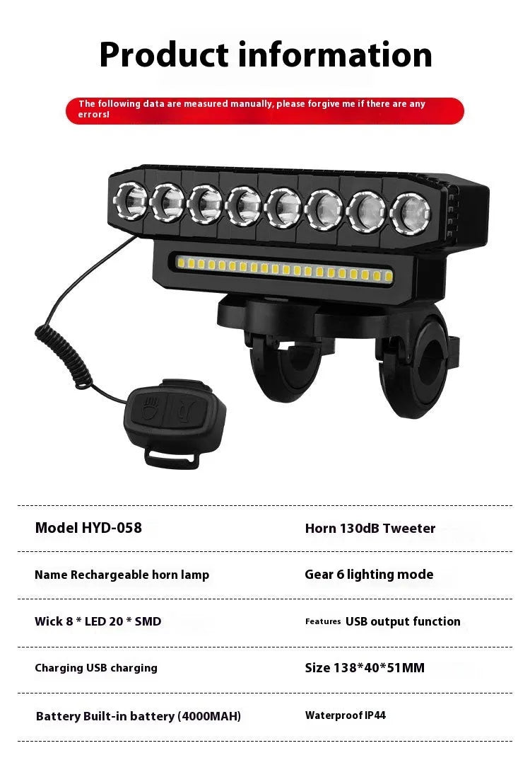 HYD-059 rechargeable bicycle headlight with horn mounted on handlebars, showing six LED mode buttons.