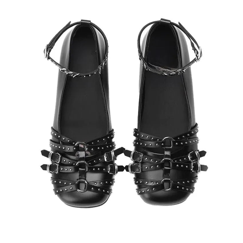Women's black genuine leather low-heel pumps with a buckle and square toe.