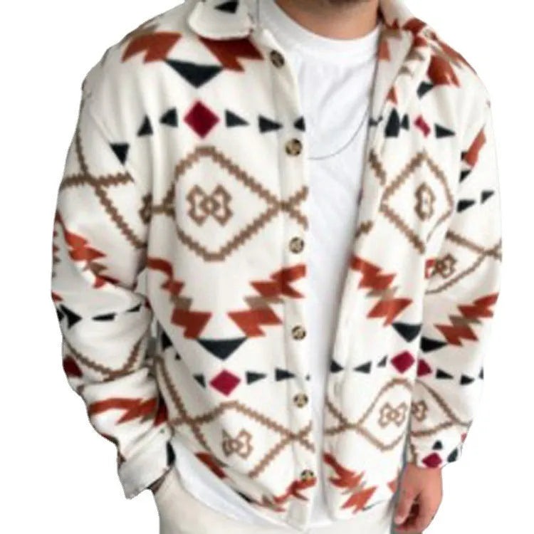 Men's retro ethnic print brushed cotton casual shirt jacket white colour block long sleeve lapel collar