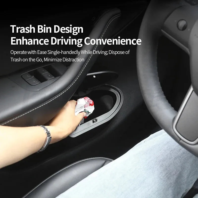 Two black ABS plastic storage boxes designed for Tesla Model Y front door pockets.