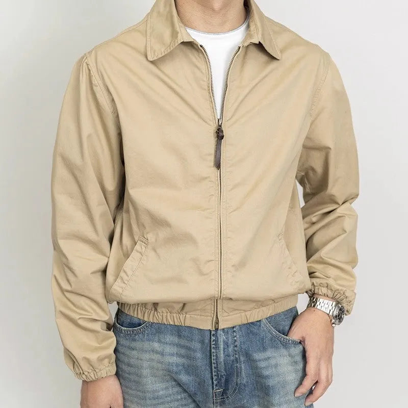 Classic khaki retro cadre collar zip thin jacket for men, loose fit, long sleeves, front view
