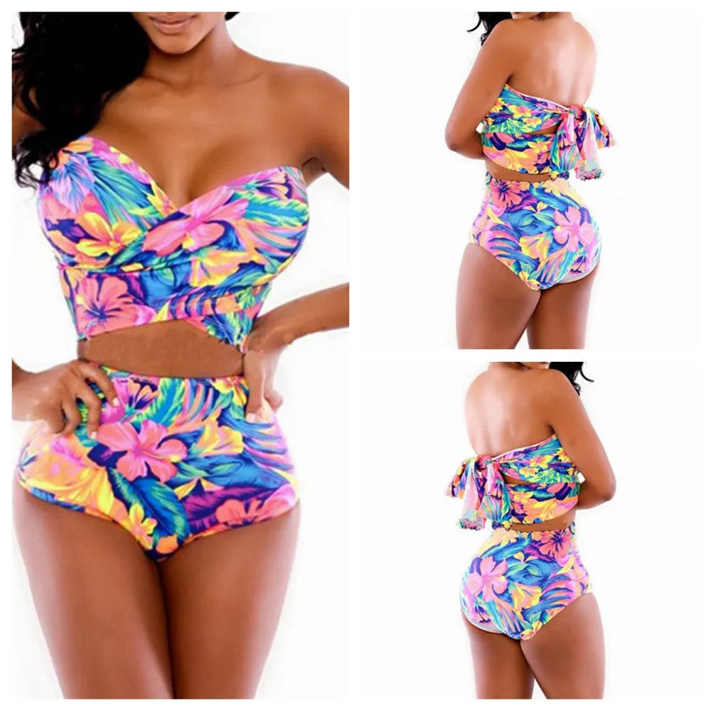 Red printed women's two-piece swimsuit with chest wrap style in polyester-spandex fabric