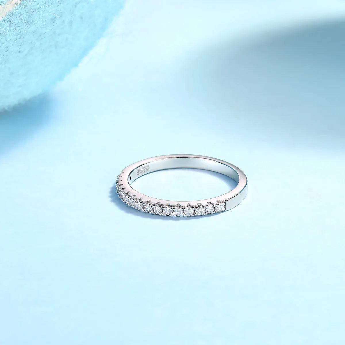 Parallel World moissanite wedding ring set in gold, S925 silver with platinum plating, on white background