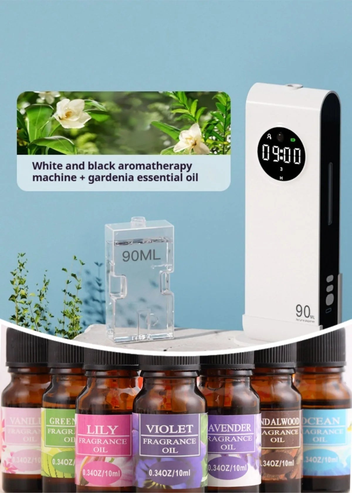 White and black automatic aerosol dispenser with touch button controls for household deodorizing