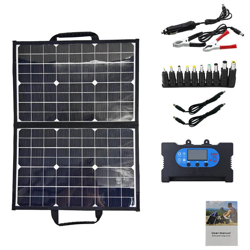 Black 40W solar panel folded inside a slim polyester bag, showing its compact 425mm by 285mm size.