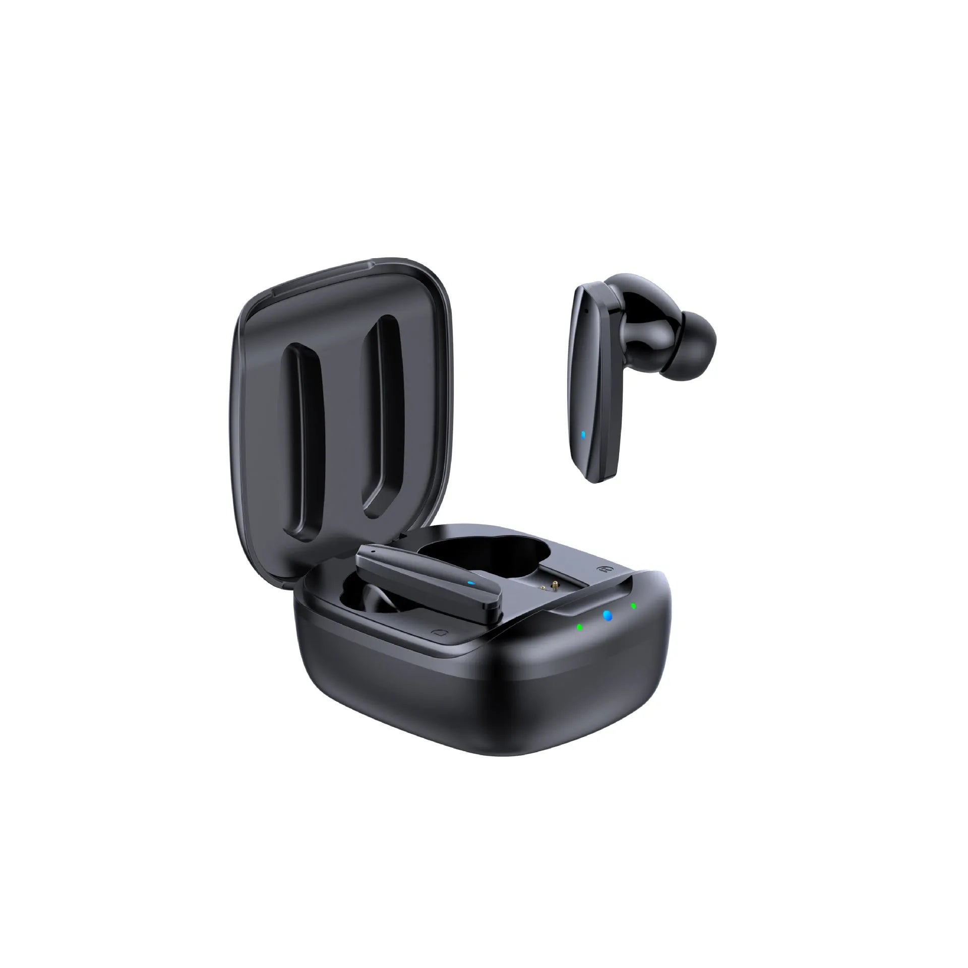 Black and white TWS Bluetooth 5.1 wireless earbuds with a charging case on a white background.