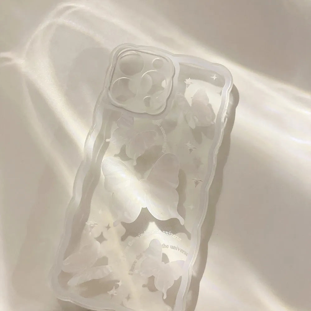 Simple butterfly transparent TPU phone case for iPhone 12-15, white crystal butterfly design