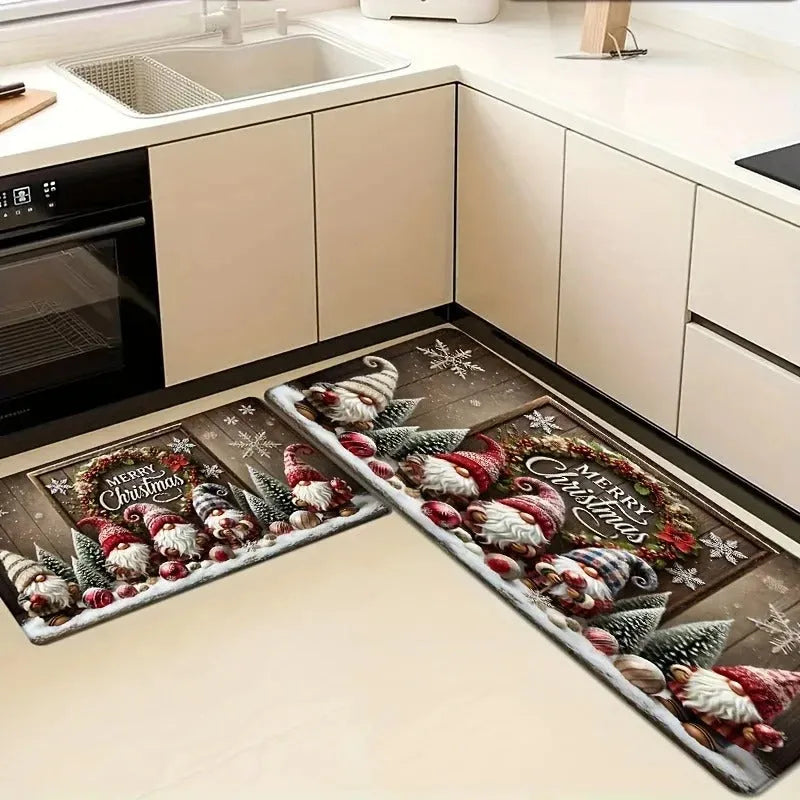 Two-piece Christmas cartoon kitchen mat set with anti-slip polyester suede surface