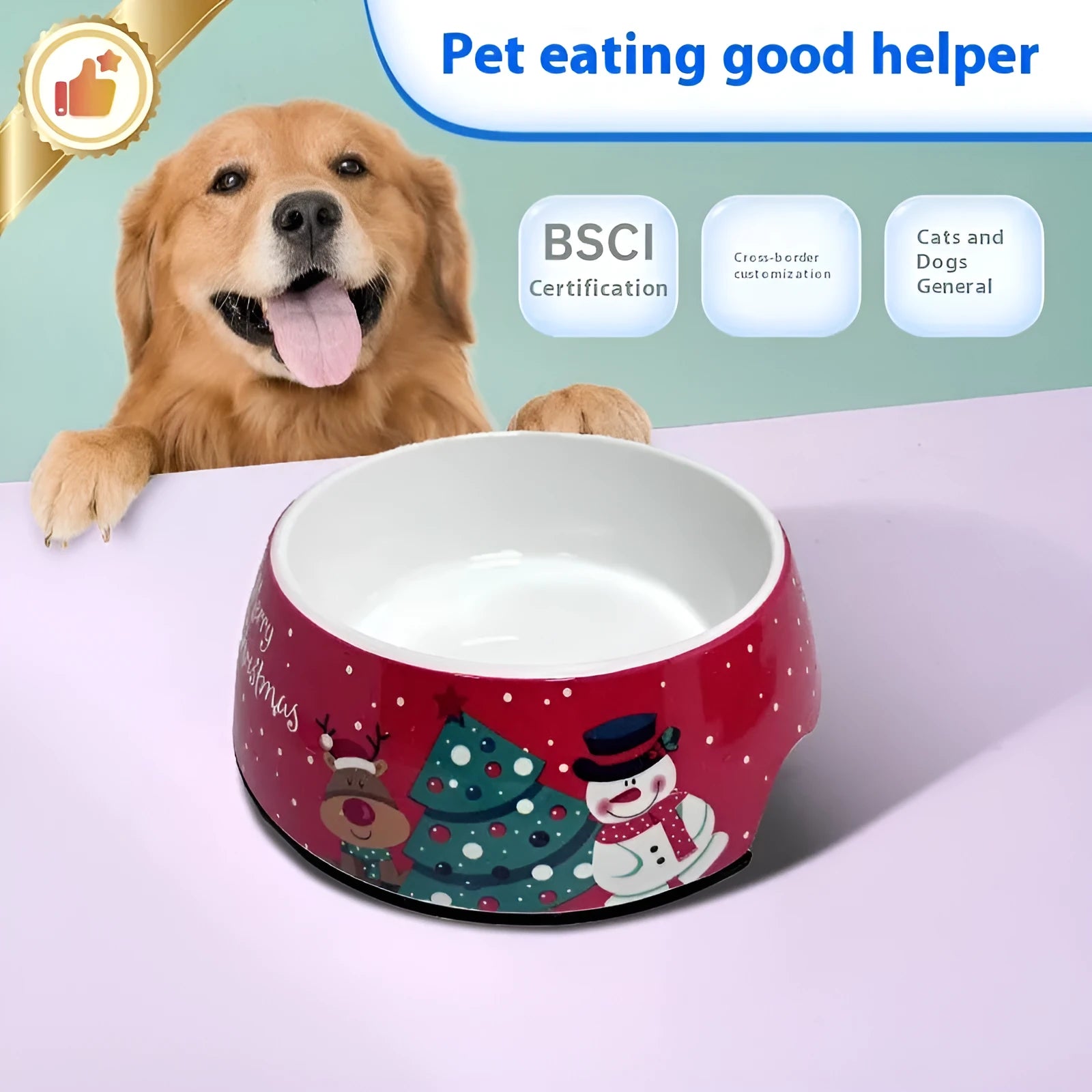 Red Christmas pet bowl with melamine construction and stainless steel double-layer base