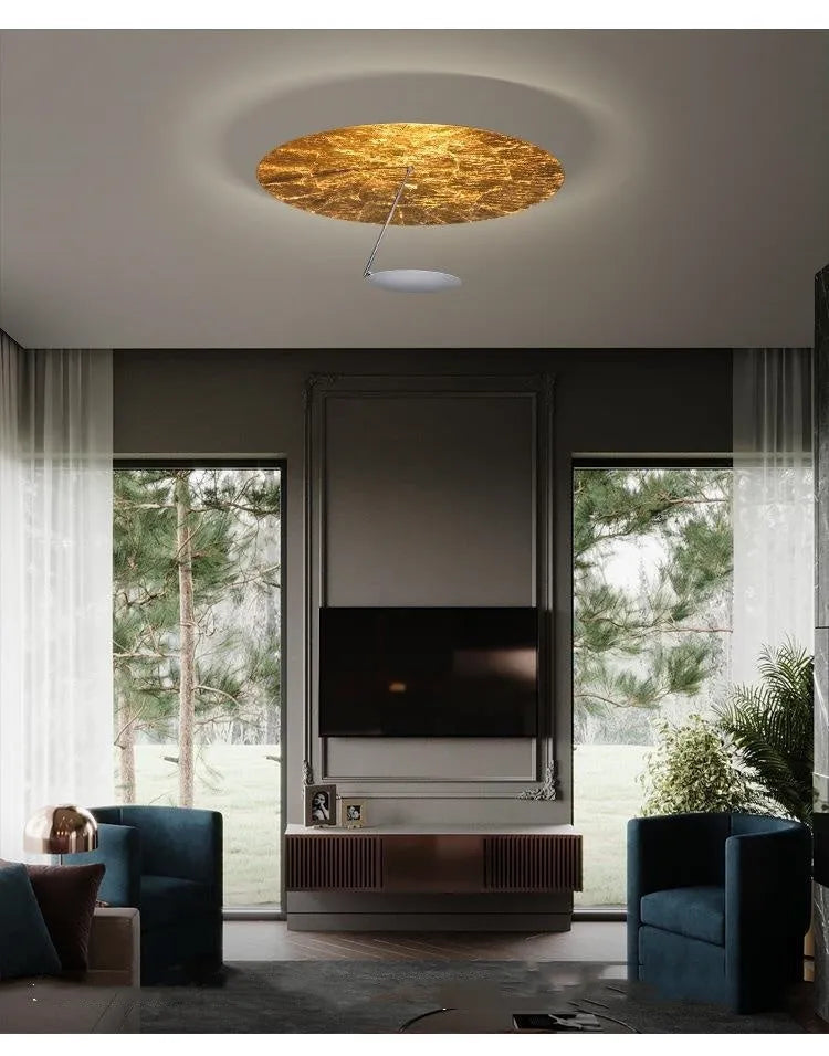Modern round iron ceiling lamp with a white finish, mounted flush against a ceiling.