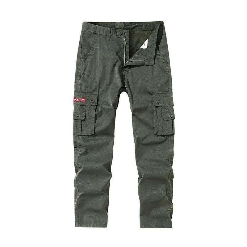 Multi-pocket cargo trousers for men, straight leg, pure cotton, drawstring waist, available in khaki, gray, black, dark blue, army green