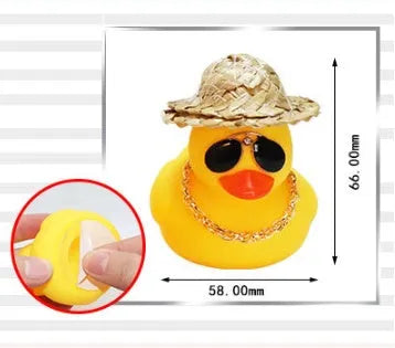 Straw hat yellow duck car dashboard ornament with sunglasses necklace accessory on car interior