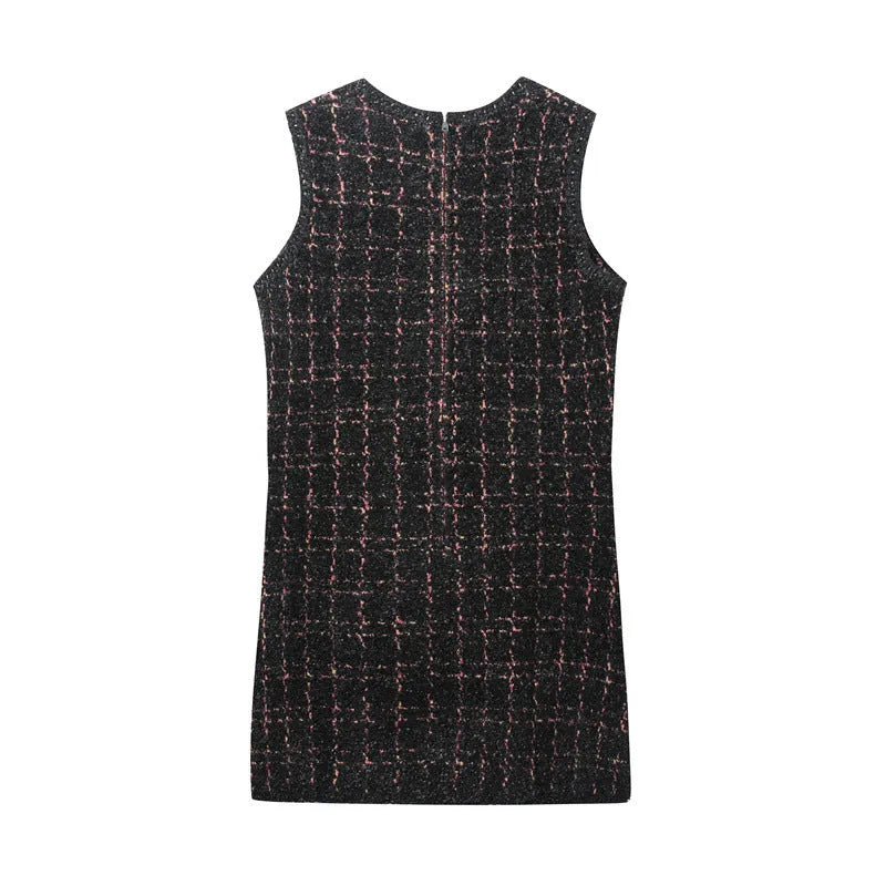 Women's slim-fit texture knitted mini dress with asymmetric hem, pleated hooded design, striped plaid pattern, in picture colour