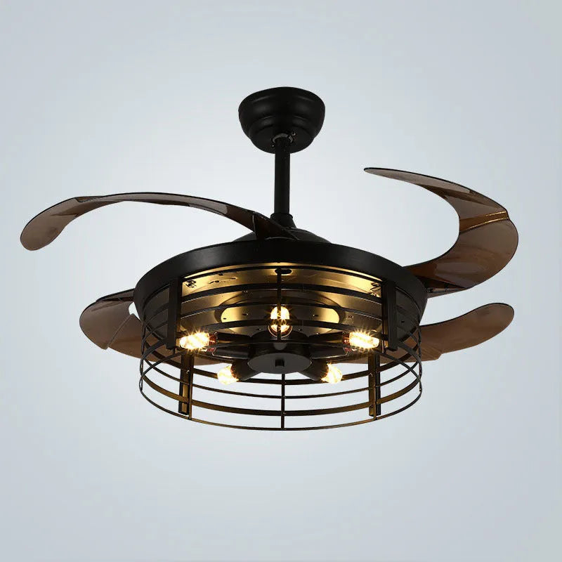 American retro style ceiling fan lamp with invisible retractable blades and acrylic shade, remote control on side.