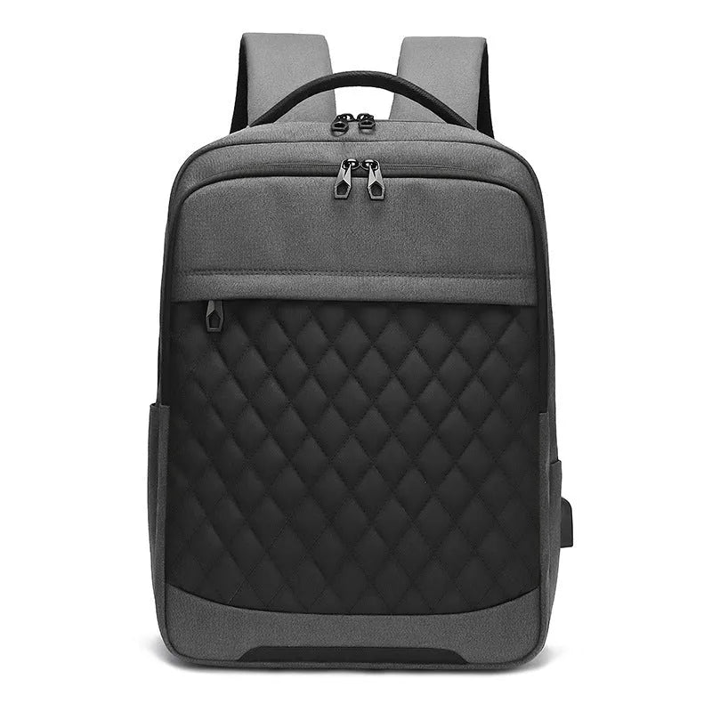 Men's Oxford cloth backpack in black with curved shoulder straps and diamond mesh detailing