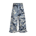 Snow camouflage blue loose fit jeans with mid waist on a hanger
