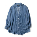 Men's dark blue denim coat with three-quarter sleeves and v-neck collar