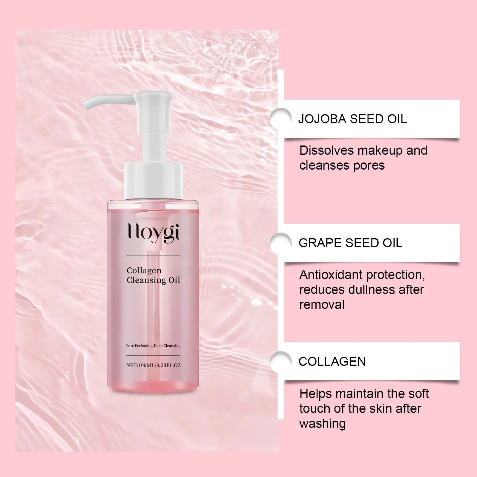 100ml collagen cleansing oil bottle with jojoba and grape seed oils for daily mild makeup removal