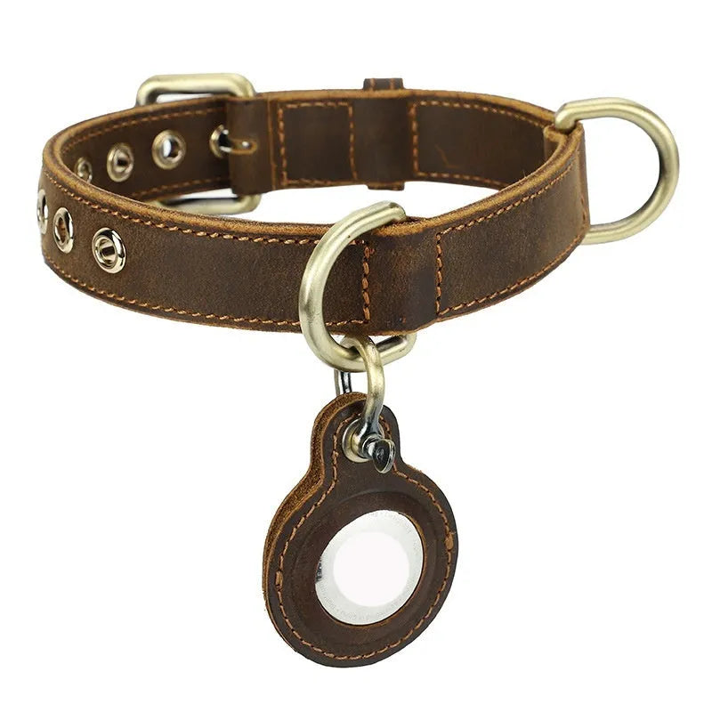 Brown double-sided cowhide leather dog collar with handmade retro styling and halter positioning system