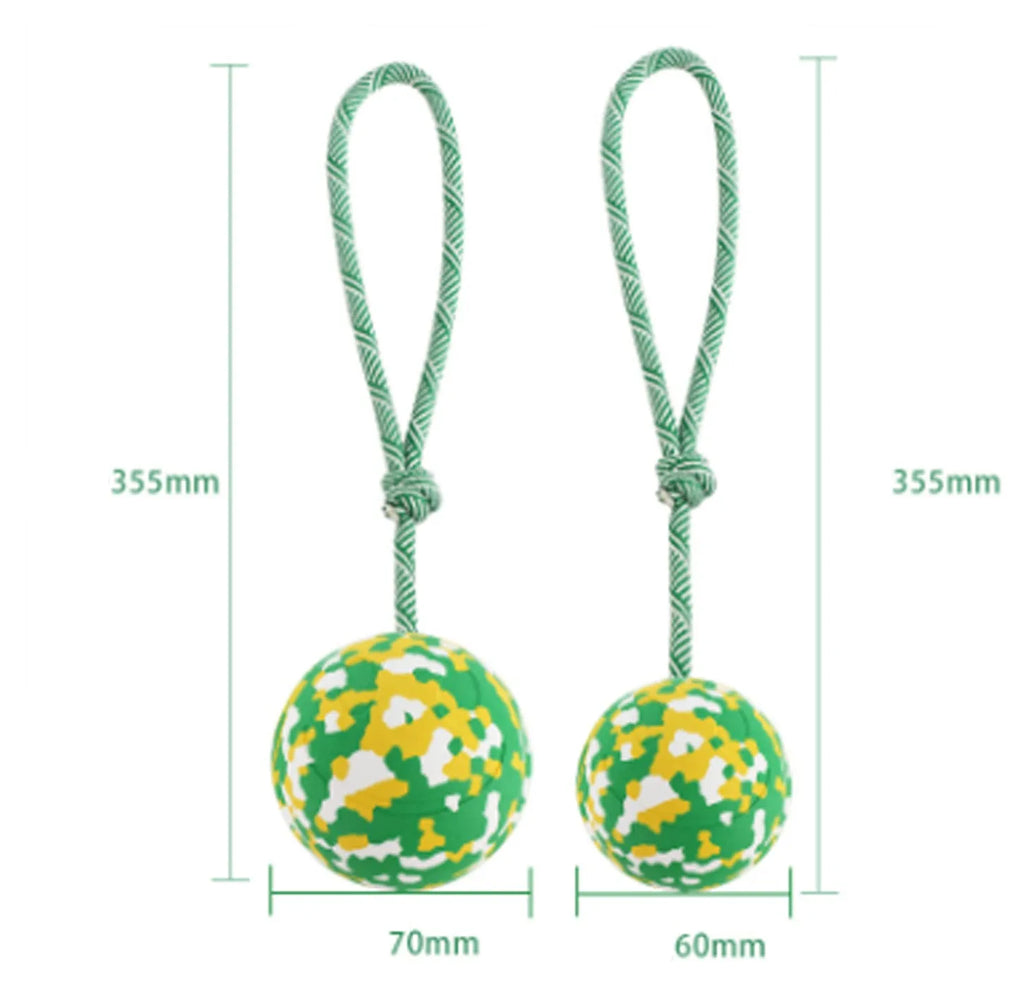 Natural rubber dog ball attached to nylon rope for medium and small breed interactive play