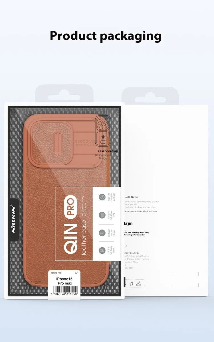 Imitation leather flip phone case for iPhone 15 in black, brown, and red colour options.