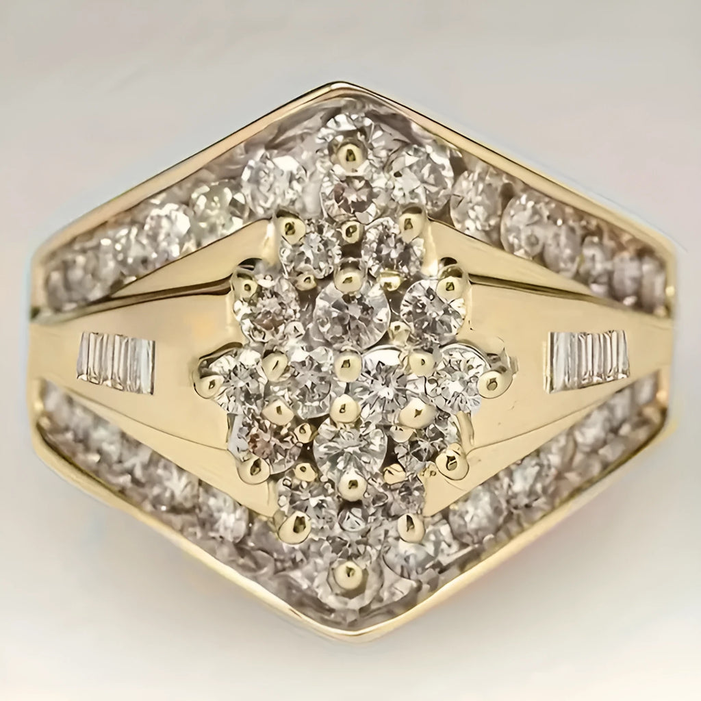 Geometric gold-coloured copper palace style ring on a plain background.
