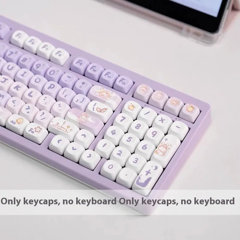 Set of purple gradient mechanical keyboard keycaps with white rabbit artwork.