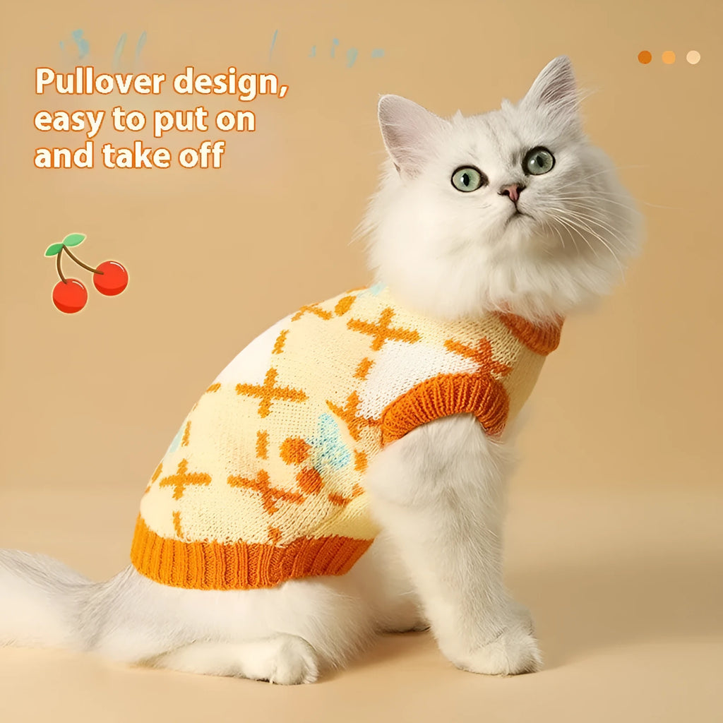 Orange cat sweater with diamond cherry fabric for autumn and winter wear