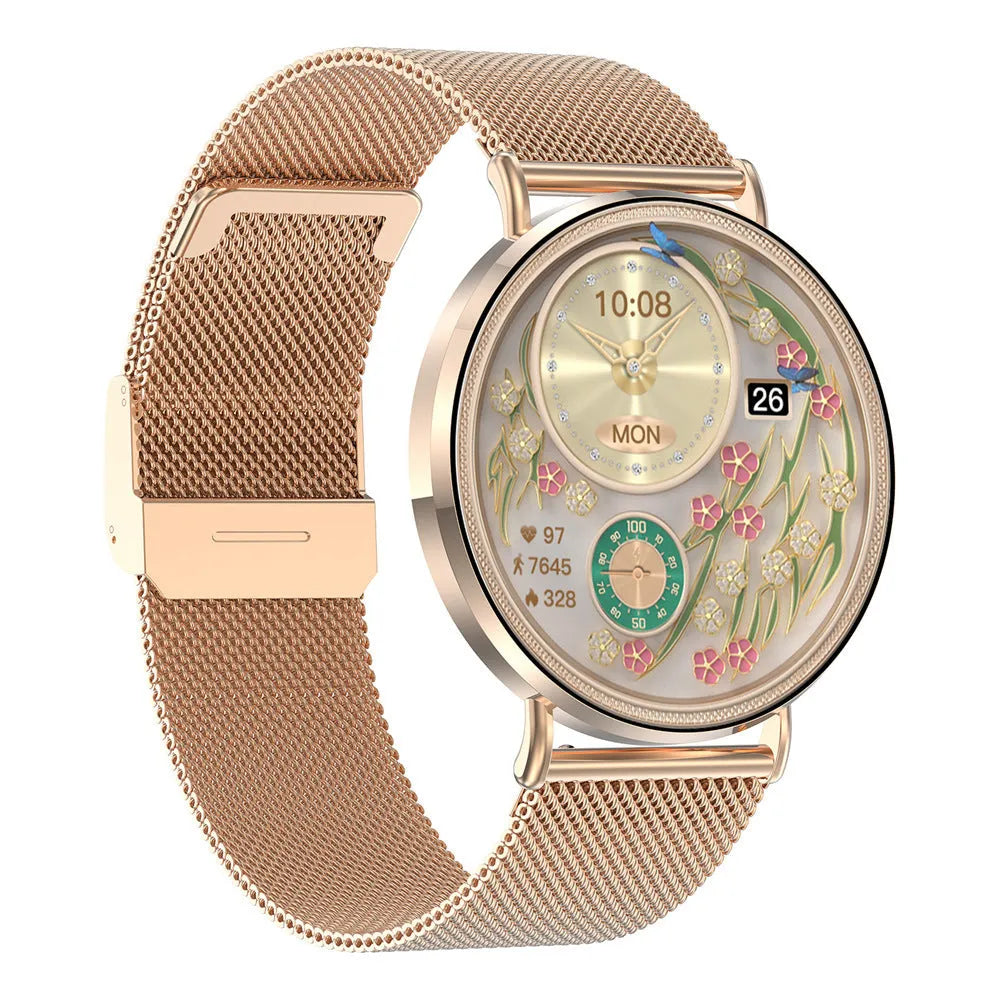 Ultra-thin aluminium alloy women's smart watch with AMOLED screen in gold steel colour showing health monitoring interface
