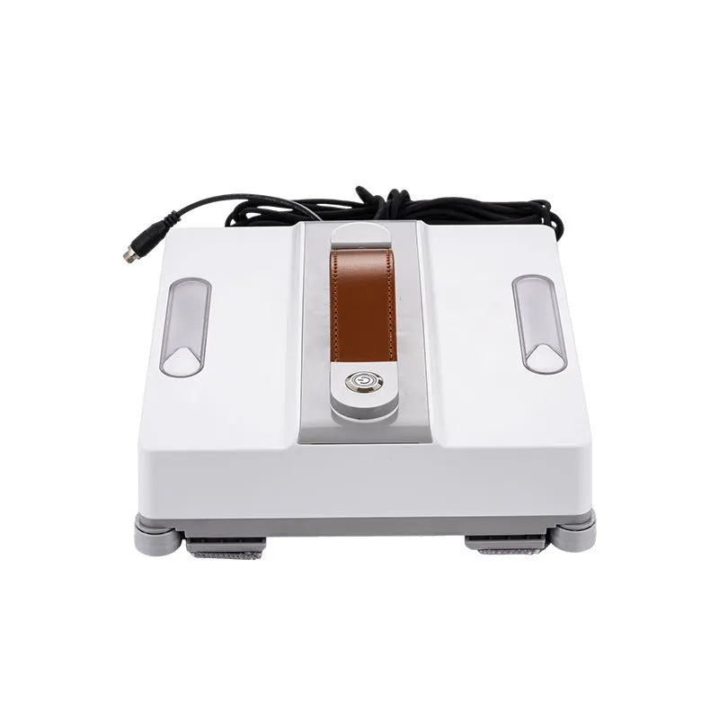 White intelligent window cleaning robot with a square 220mm body on a glass window pane.