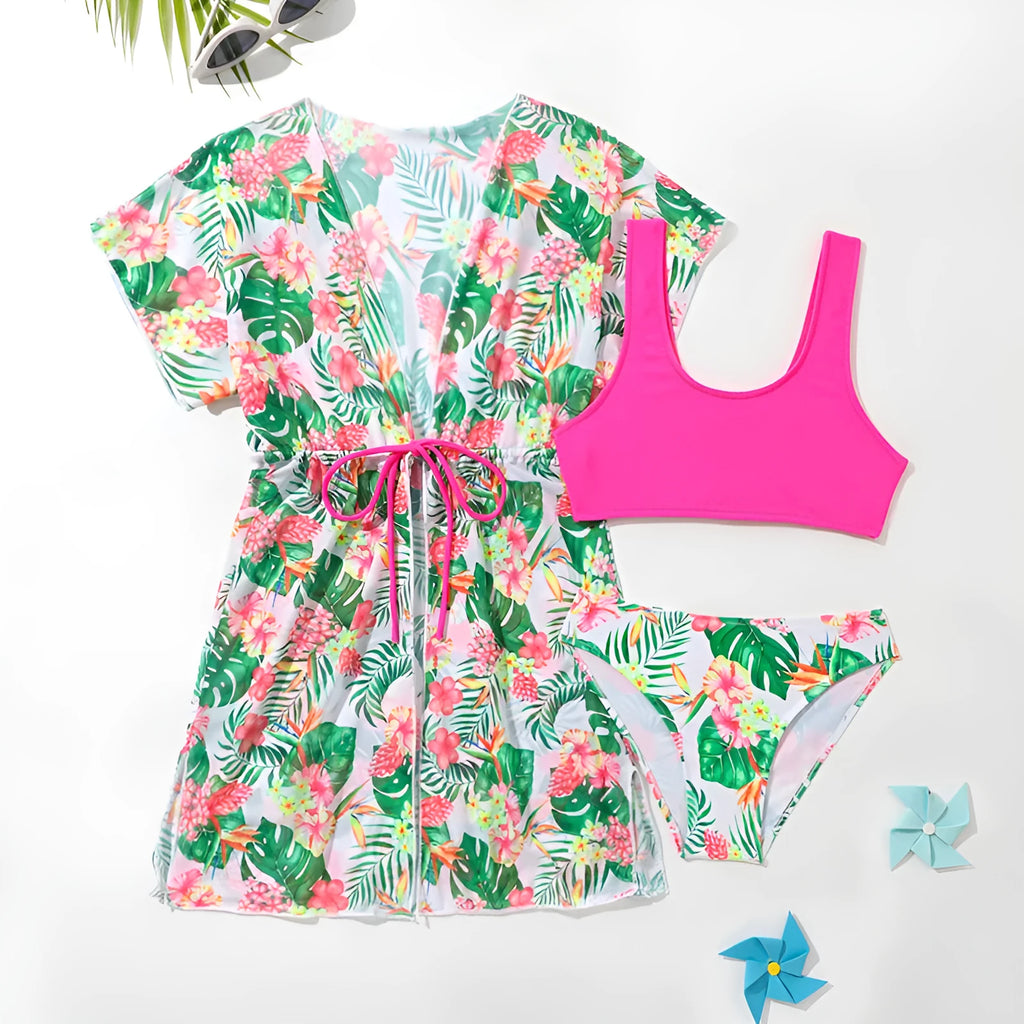 Girls floral two-piece polyester swimsuit for swimming, sizes 130cm to 160cm.
