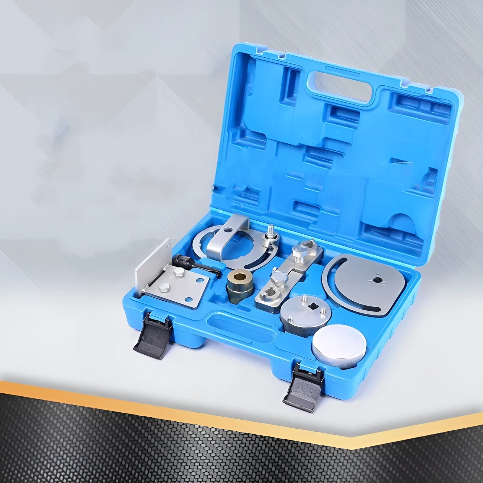 Volvo engine timing tool set with alignment tools for T5 and T6 engines on a workshop bench.